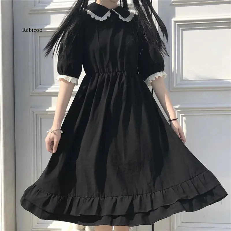 

Japanese College Style Summer Dress Sweet Peter Pan Collar Kawaii Lace Ruffles Dress Short Sleeve Mori Girl Black Woman Dress