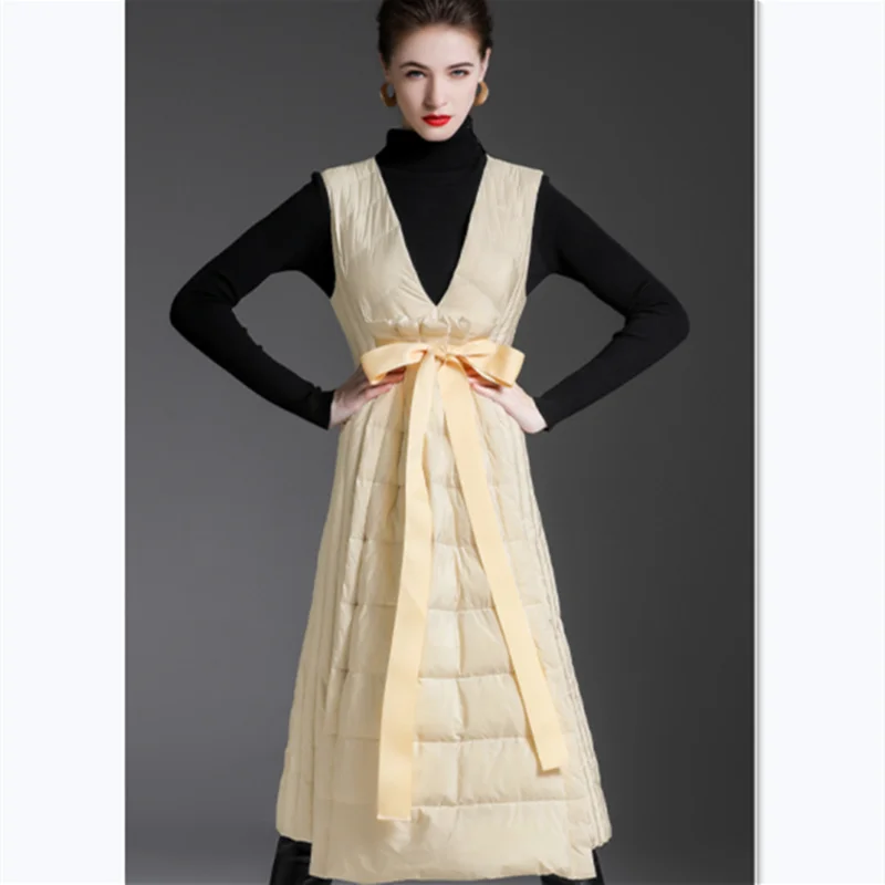 Autumn And Winter Duck Down Long Skirt Thin And Warm Waist Waist And Big Swing Sleeveless Pullover Down Jacket Women Long Dress