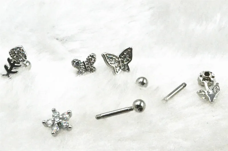 Lot50pcs Body Jewelry- Rose Flower Butterfly CZ Ear Studs/Earring Helix Bar Upper Earring Body Piercing Tragus Diath Earring 16g