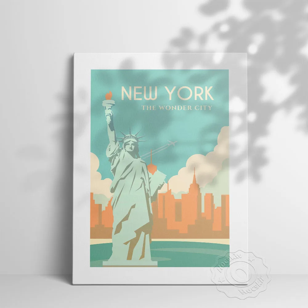 America Goddess Buildings Statue Art Poster, The Wonder City New York Tavel Scenery Commemorate Prints, World Tavel City Mural