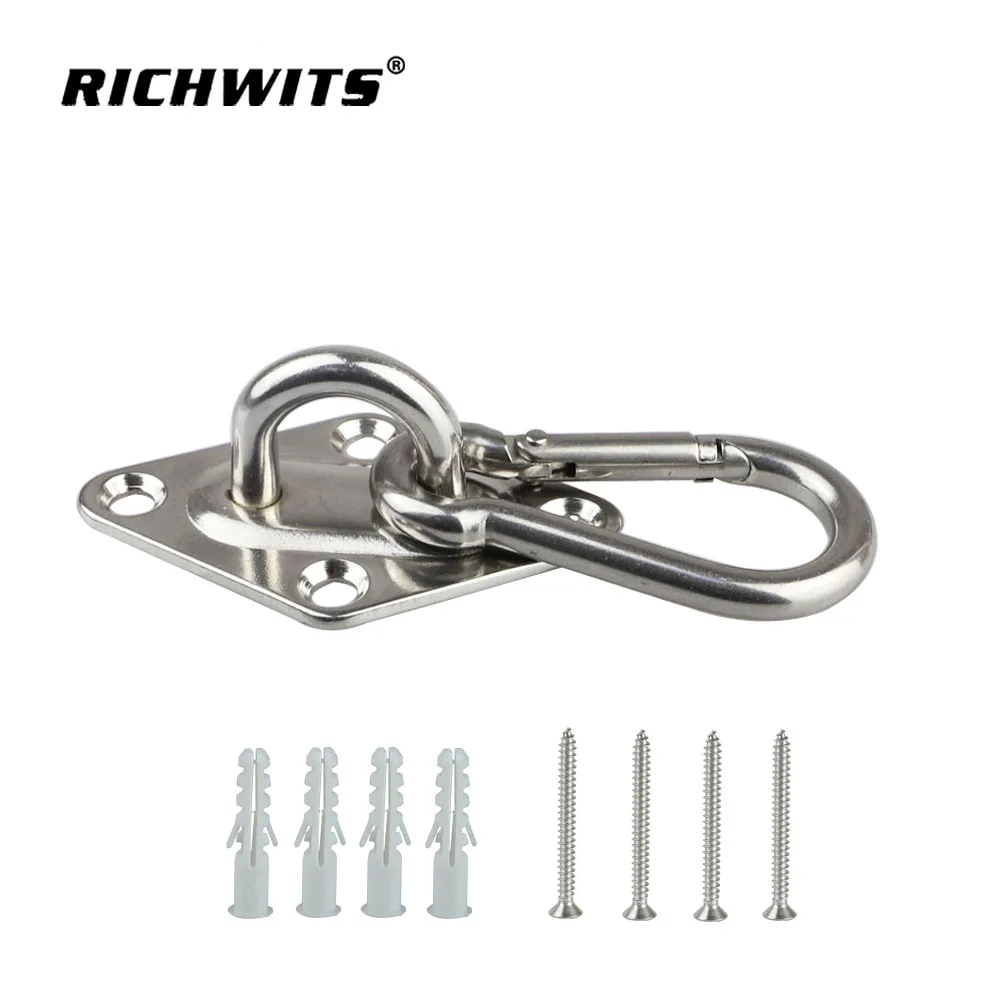 4Pcs 304 Stainless Steel Diamond Eye Plate with Carabiner 5mm/6mm/8mm for Suspended Ceiling Wall Mount Hammock Hook Base