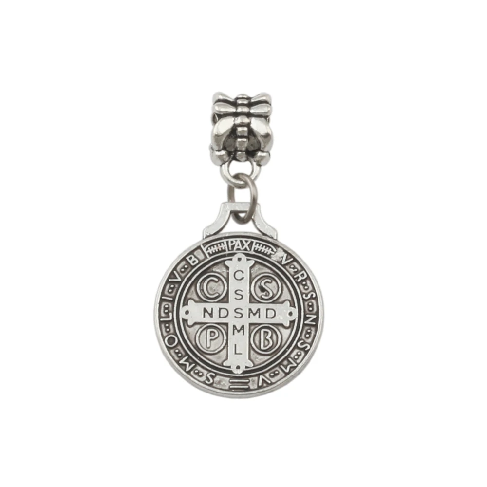 100Pcs Dangle Alloy Saint Benedict Da Norcia Medal Cross Patron Charms Big Hole Bead Fit European Bracelet