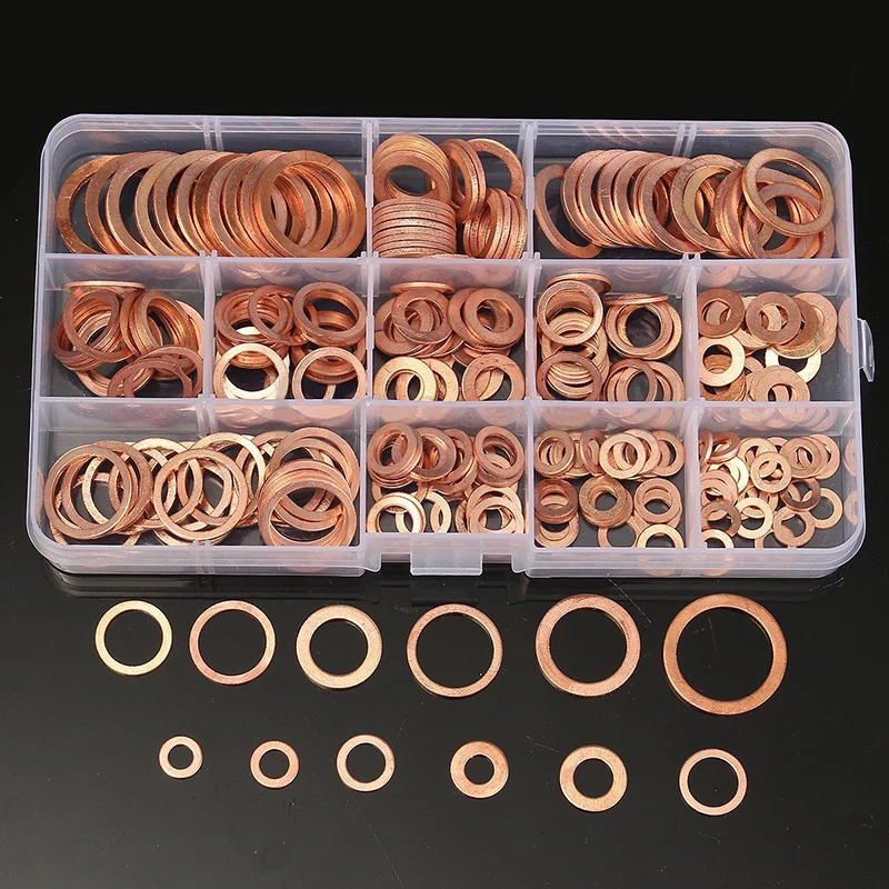 200 Pcs Copper Sealing Solid Gasket Washer Sump Plug Oil For Boat Crush Flat Seal Ring Tool Hardware M5/M6/M8/M10/M12/M14 Pack