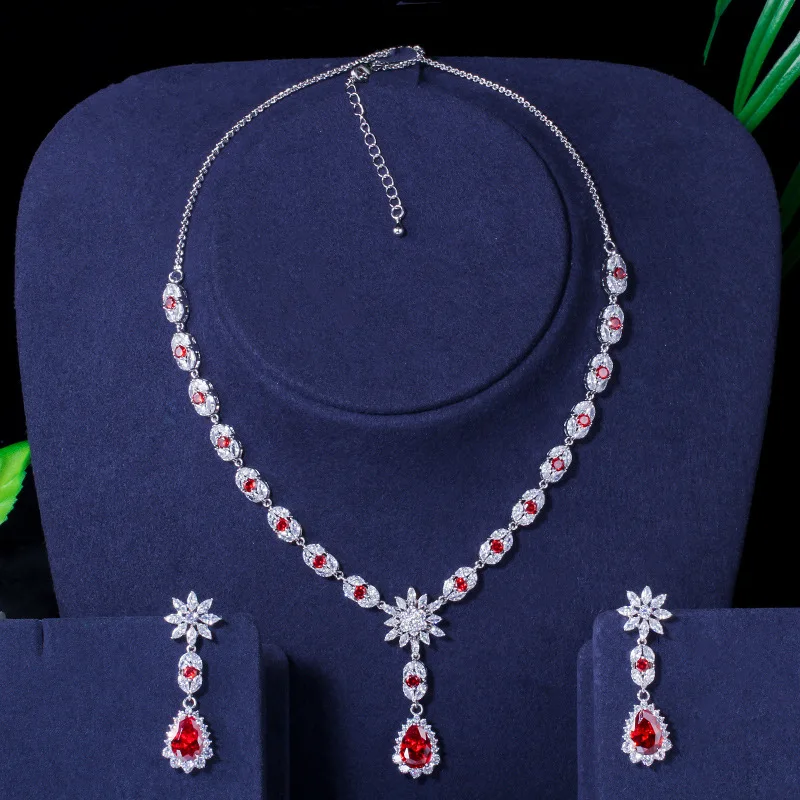 

Elegant White Gold Color Flower Water Drop Women Party Wedding Necklace and Earrings Royal Blue CZ Jewelry Sets