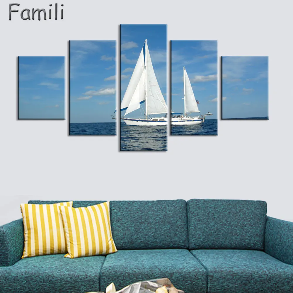 Modern Canvas Prints Artwork Seascape Sailboat 5Pieces/set Sea Photo Paintings Canvas Wall Art Decor for Living Room Home Decor