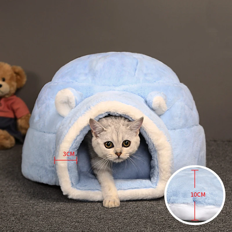 Hoopet 2-In-1 Pet Cat Igloo House Cat Puppy Blanket Bed Warm Cave Removable Washable Mat Winter Fully Surrounded Thick Pet House