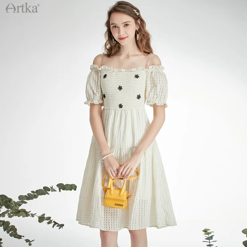 

ARTKA 2021 Summer New Women Dress Elegant Ruffle Off-shoulder Puff Sleeve Dresses Elasticity Chest Midi White Dress LA29119X