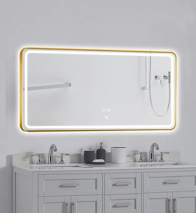 600*800mm LED Intelligent bathroom mirror Gold HD mirror waterproof Time temperature display Brightness adjustable 3 color light