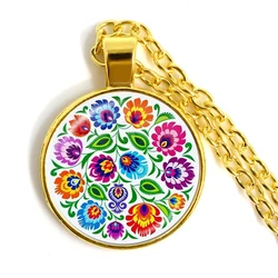 Polish Folk Art Pattern Pendant Necklace 25mm Glass Dome Cabochon Jewelry For Women Men Golden Plated Sweater Chain Gift