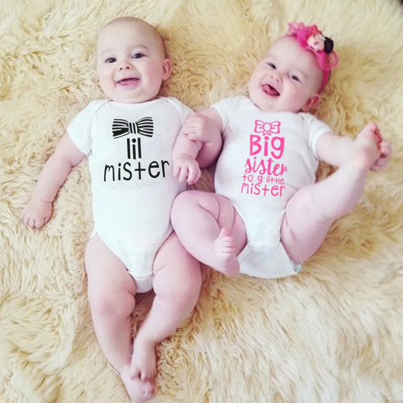 

Big Sister and Little Mister Bodysuit Baby Boy and Baby Girl Romper New Born Twins Baby Jumpsuit Cute Baby Costume 0-18M