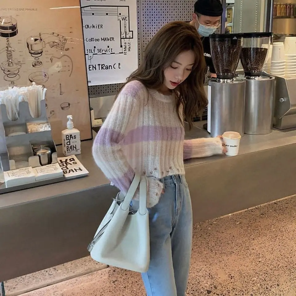 Jerséis de rayas para Mujer, ropa Ulzzang Chic que combina con todo, primavera cómoda, de punto con cuello redondo, para uso diario en la universidad