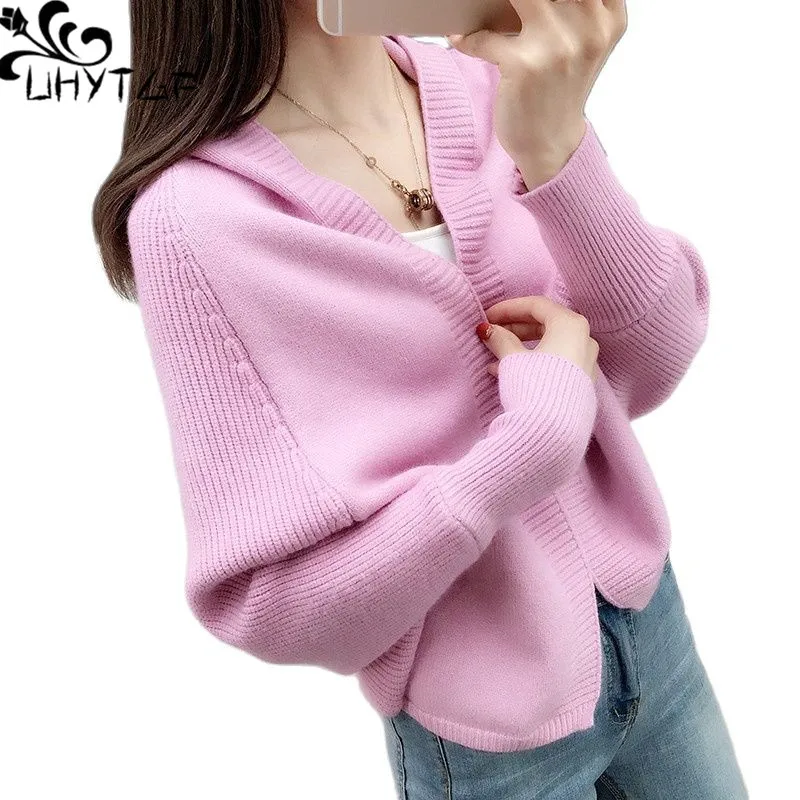 

UHYTGF Women Sweater Fashion Hooded Casual Female Spring Autumn Sweater Coat Bat Sleeve Korean Knitted Cardigan Ladies Tops 1638