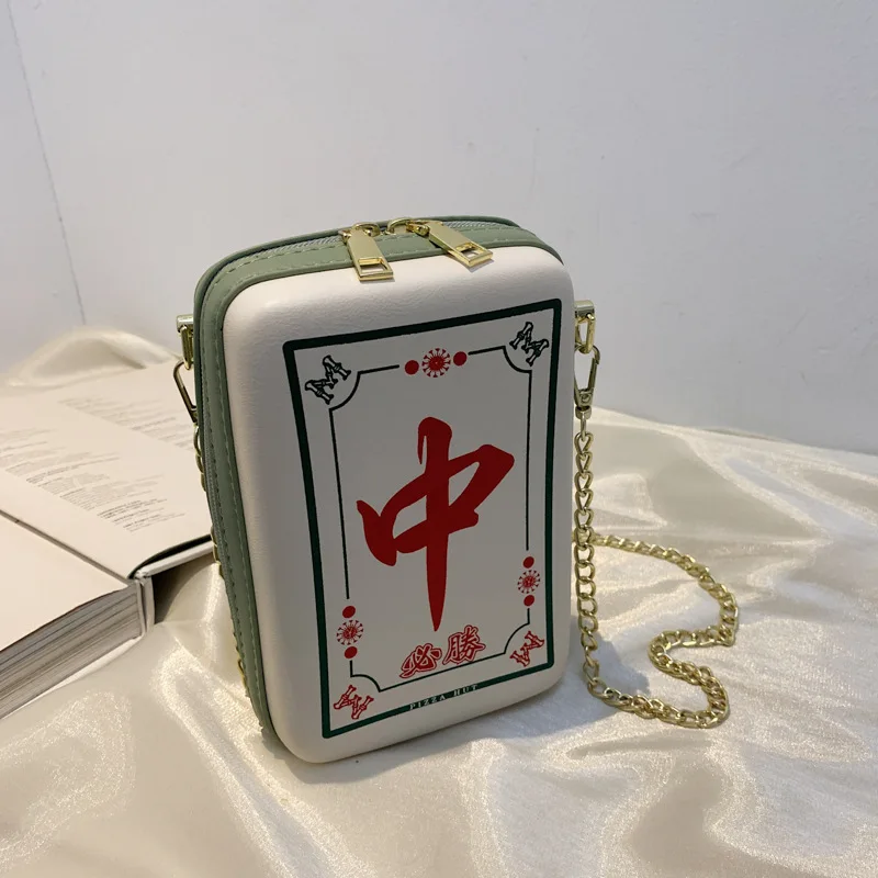 Chinese Mahjong Crossbody Bag para Mulheres, Criativo, Interessante, Impressão, Moda, Corrente, Ombro, Couro PU, Mensageiro, Novo