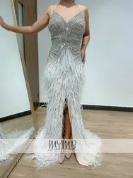 High Quality Spaghetti Strap Wedding Party Dress 2022 Evening Formal Wear MYMB Brand Beading Couture Feather Dress