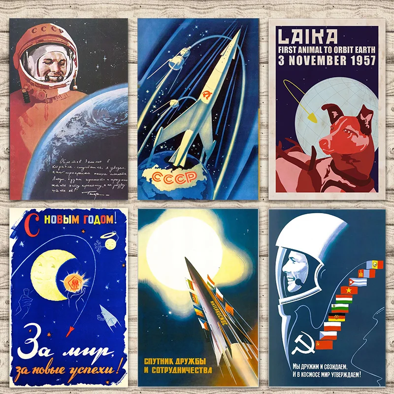 

Soviet Space Poster Dog Lycra CCCP Gagarin Poster Canvas Painting Bar Home Decor Gift