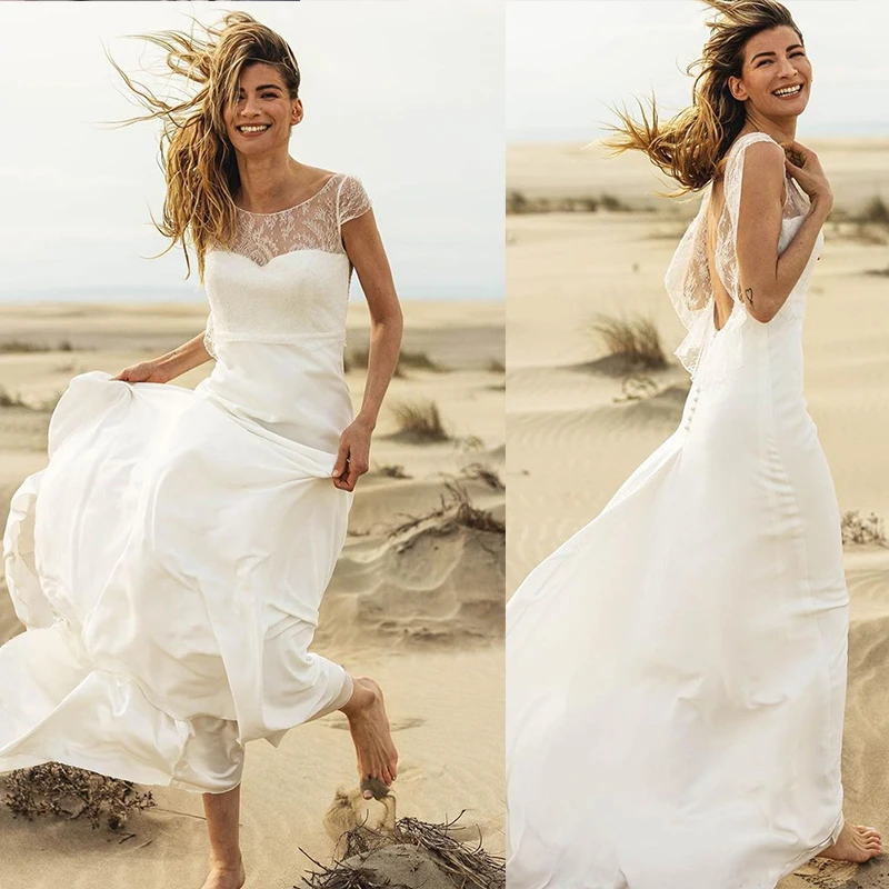 Robe De mariée en dentelle blanche style bohémien, tenue De plage Simple, dos nu, manches courtes, ligne a, longueur au sol, en mousseline