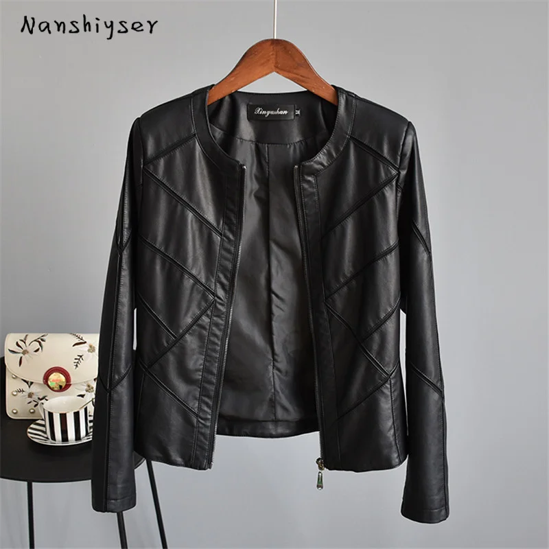 Harajuku Women Short Fashion O-Neck Long Sleeve Faux PU Leather Jacket Female Mesh Stitching Leather Outwear 2024 Autumn New