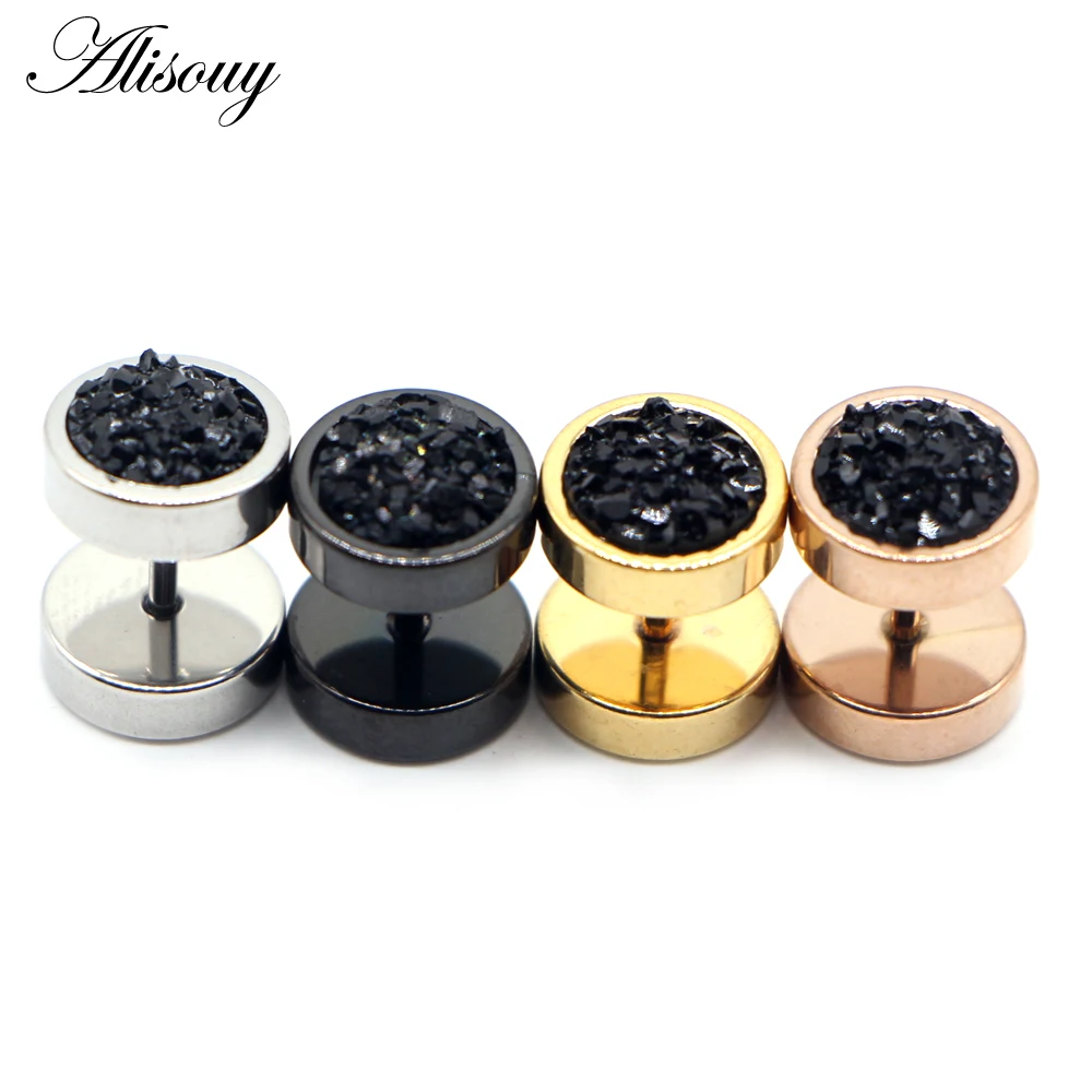 Alisouy 2pc Stainless Steel Earring Punk Round Ore Crystal Men Women Dumbbells Barbell Ear Stud Earrings Piercing Jewelry