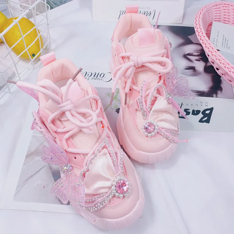 Cute Pink Rhinestones Chunky Sneakers Women Platform Sneaker Casual Thick Bottom Shoes Woman Dad Vulcanized Shoes Basket Femme