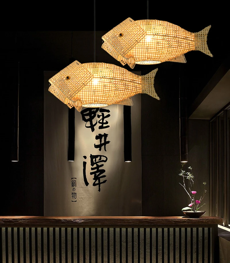 Carp Lantern New Chinese Restaurant Chandelier Coffee Shop  Creative Fish Japanese Sushi Southeast Asia bamboo Pendant Light