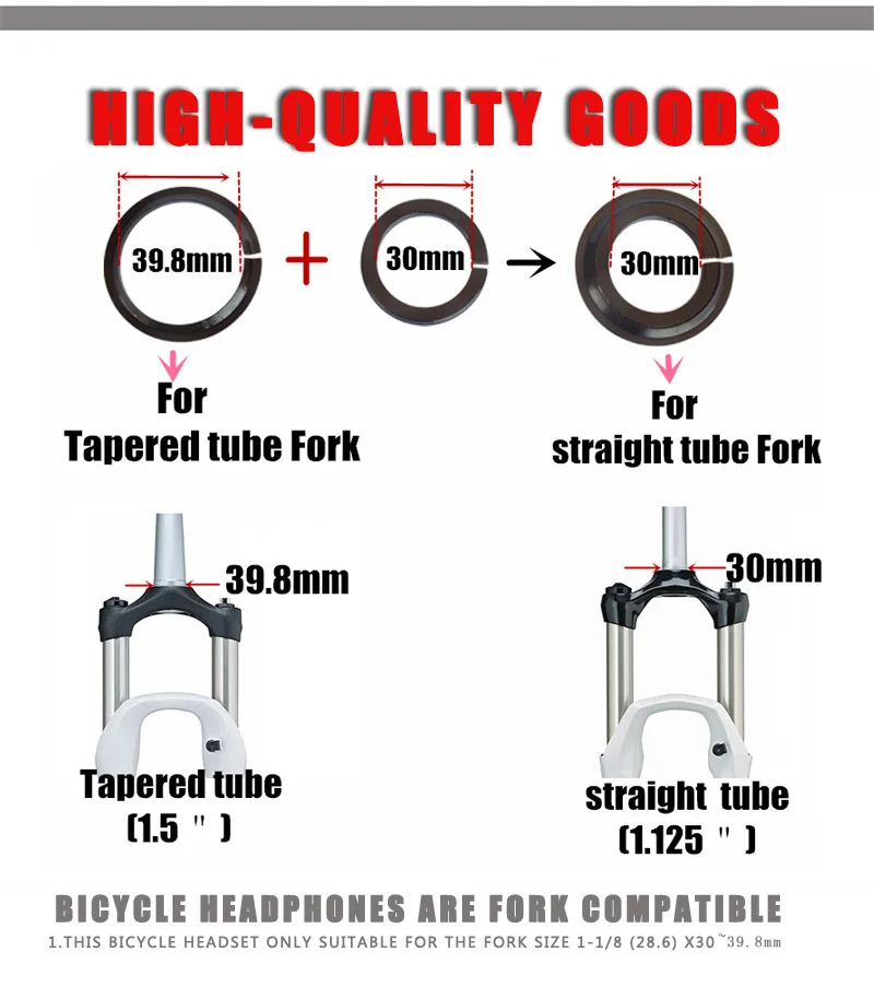 DELT 1-1/8 Bicycle Headset 44x28.6 & 55/56x39.8/30MM Tapered 28.6 Straight Tube Bike Fork Internal Steering 2 Bearing Pads