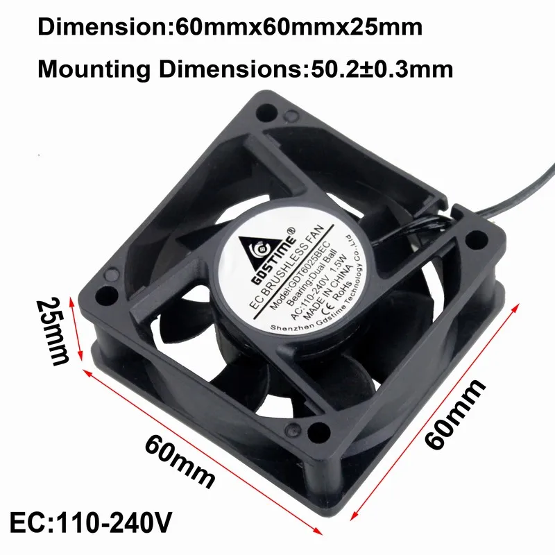 1PCS Gdstime EC 60mm 6025 Brushless Fan Axial AC 110V 115V 120V 220V 230V 240V Dual Hydraulic Axial Fan