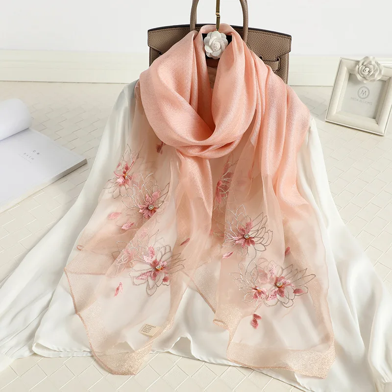 2024 Floral Embroidery Silk Wool Scarf Luxury Women Hijab Female Foulard Pashmina Long Beach Stoles Shawl Wrap Scarves Bandana