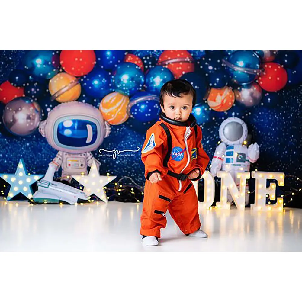 MOCSICKA الفضاء تحت عنوان التصوير خلفية رائد الفضاء 1st حفلة عيد ميلاد ديكور طفل صبي كعكة سحق خلفية لاستوديو الصور