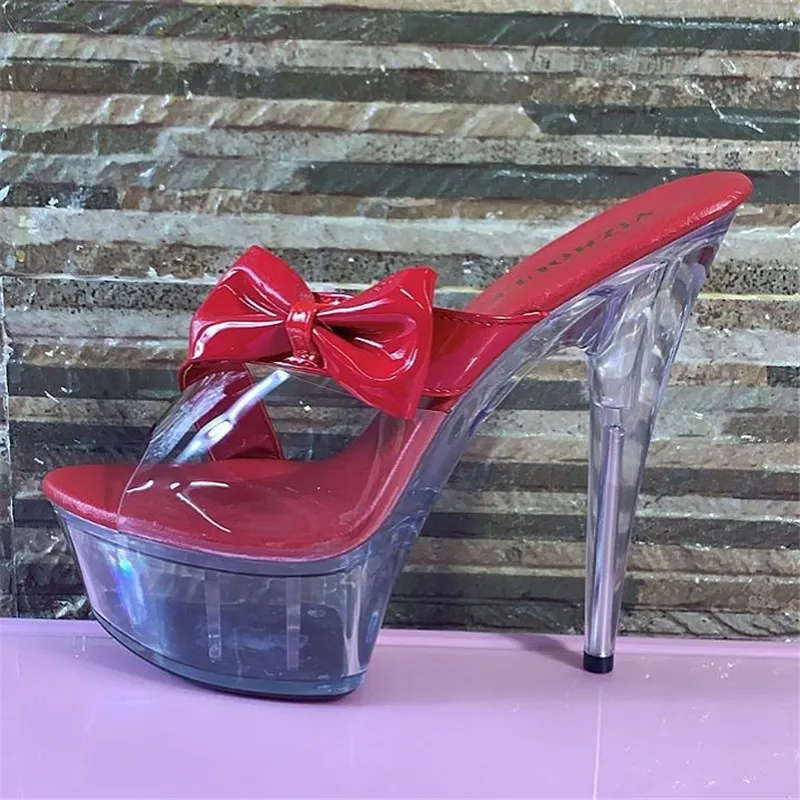 Bow 15cm summer women's slippers, sexy high-heeled sandals, round head women's stage show dance shoes