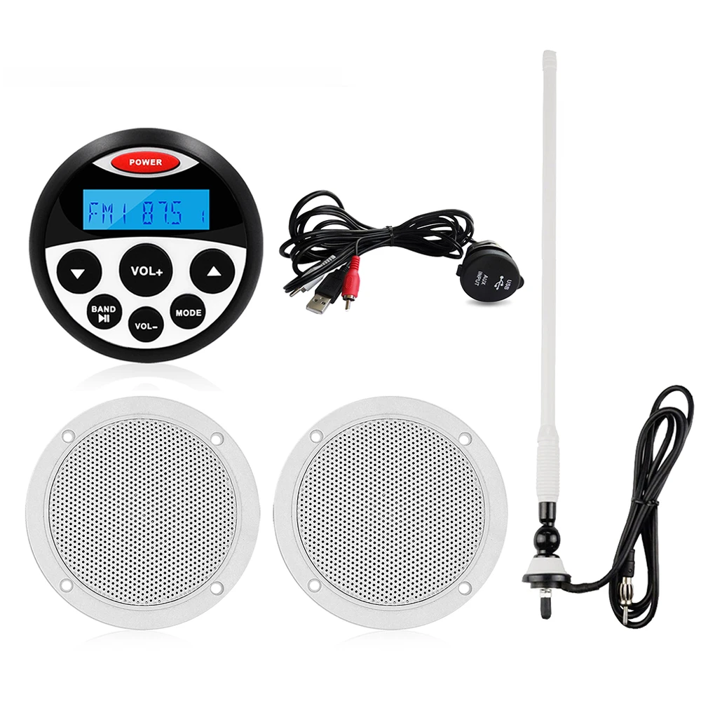 Waterproof Marine Bluetooth Audio Stereo Radio MP3 Player+1pair 4 inch Waterproof Speakers+FM AM Antenna+Boat USB Audio Cable