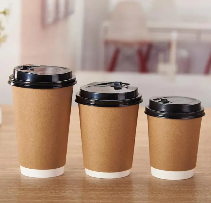 

500pcs/Lot Kraft Paper Coffee Cups With Lid 3 Sizes Milk Tea Thick Disposable Cup Coating Brown Coffee Cup DHL SN2612