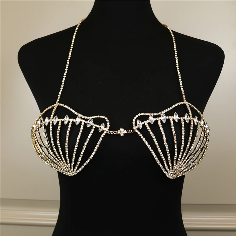 Sexy Women Rhinestone Body Chain Bra Chain Shiny Shell-Shaped Crystal Bikini Bra Party Nightclub Underwear Jewelry Accessories