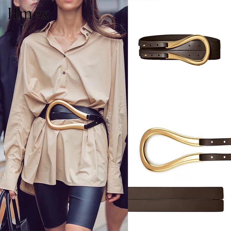 Luxury Designer Leather Metal Gold U-shaped Pin Buckle Belts High Quality Double Waist Belt Banquet Dress Decorative Ladies Belt