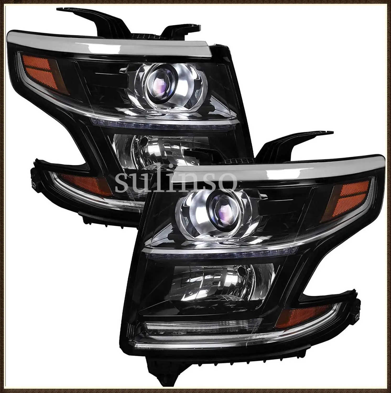 

Headlights Assembly LED DRL Projector Fit 2015-2020 Chevy Tahoe/Suburban Halogen Headlamp ,Chrome Housing with Amber Reflector