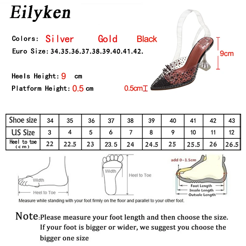 Eilyken Gold Silver PVC Transparent Rivet Diamond Pumps Sandals Perspex Heel Pointed Toe Crystal Wedding Shoes