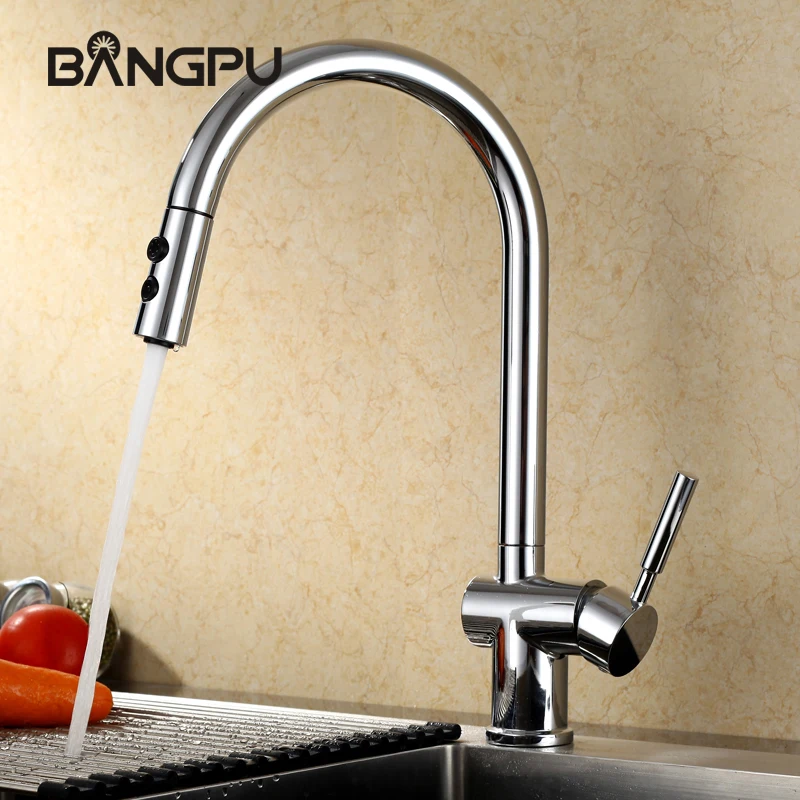 

BANGPU Kitchen Faucet Pull Out Kitchen Faucet 1 Hole Faucet Deck Mounted Single Handle Dual Chrome Function Sink Faucet Chrome