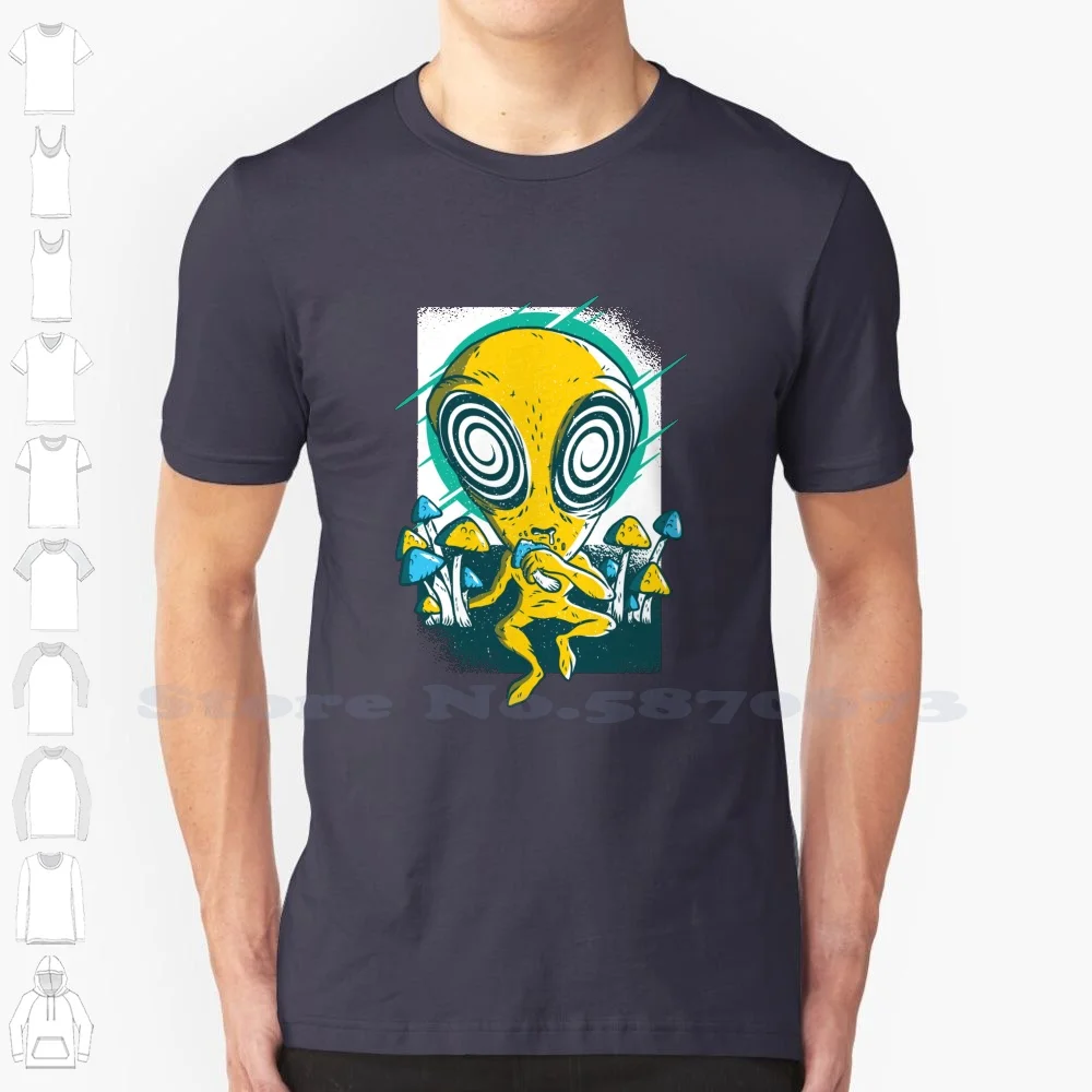 Psychedelic Alien 100% Cotton T-Shirt Mushrooms Psychonaut Magic Extraterrestrial Funny Cool Yellow Techno Electro Minimal