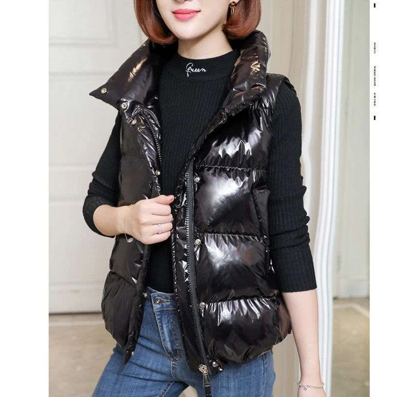 Short Down Cotton Vests coat Women 2021New Korean Patent Leather Glossy Warm Vest Fashion Female Waistcoat Down Cotton Vest Tops