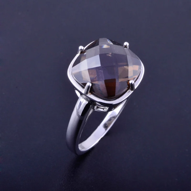 CSJ Smoky Quartz Rings Sterling 925 Silver Natural Gemstone Cushion 12mm  Women Lady Wedding Engagment Party Gift Box