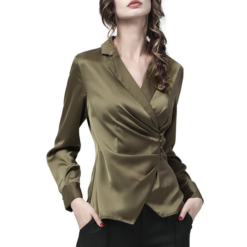 Office Ladies Suit Collar Long Sleeve Shirt Women Autumn New Satin Tunic Tops Blouse Slim V-Neck Elegant Olive Green Shirts