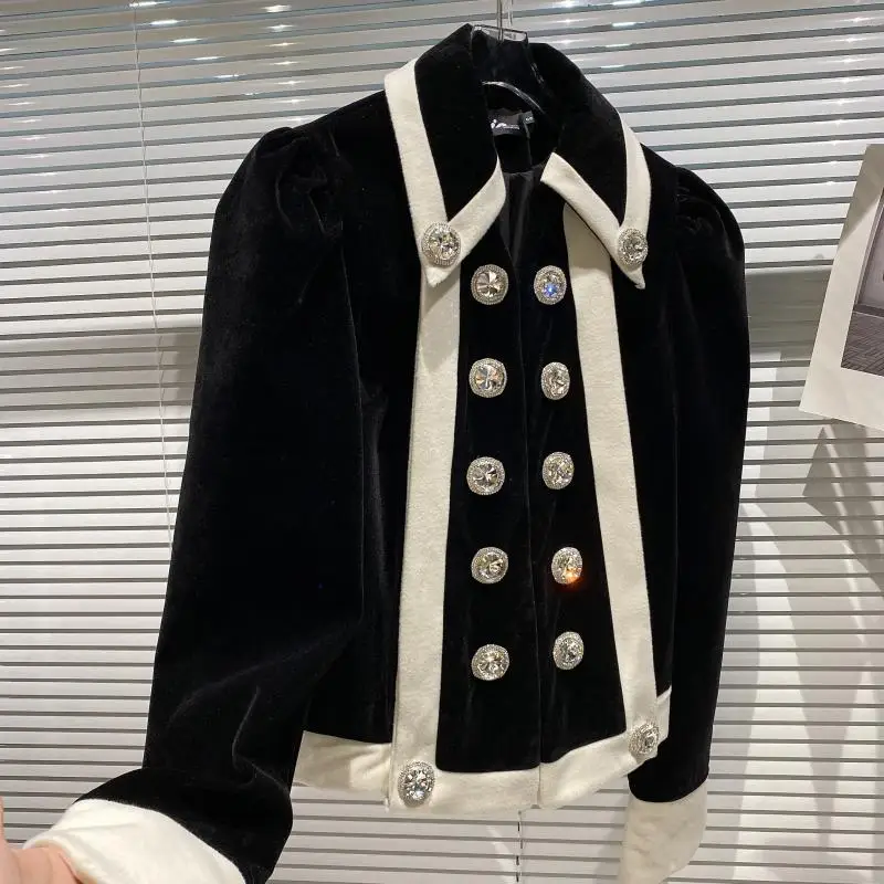 Black Woolen Blazer Jacket Women Double Breasted Diamonds Fashion Spliced Suit Jacket High Quality Ladies Elegant Blazers Coat