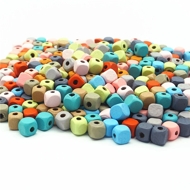 200pcs Makron Color 10mm Square Wooden Beads Water-borne Safety Painted Wood Beads Children's Diy Educational Toy Accessories