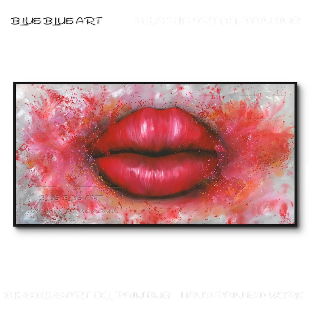 Hand-painted Sex Flame Red Lips Oil Painting on Canvas Big Mouth Red Lip Oil Painting Red Lip Picture for Wall Art Decoration