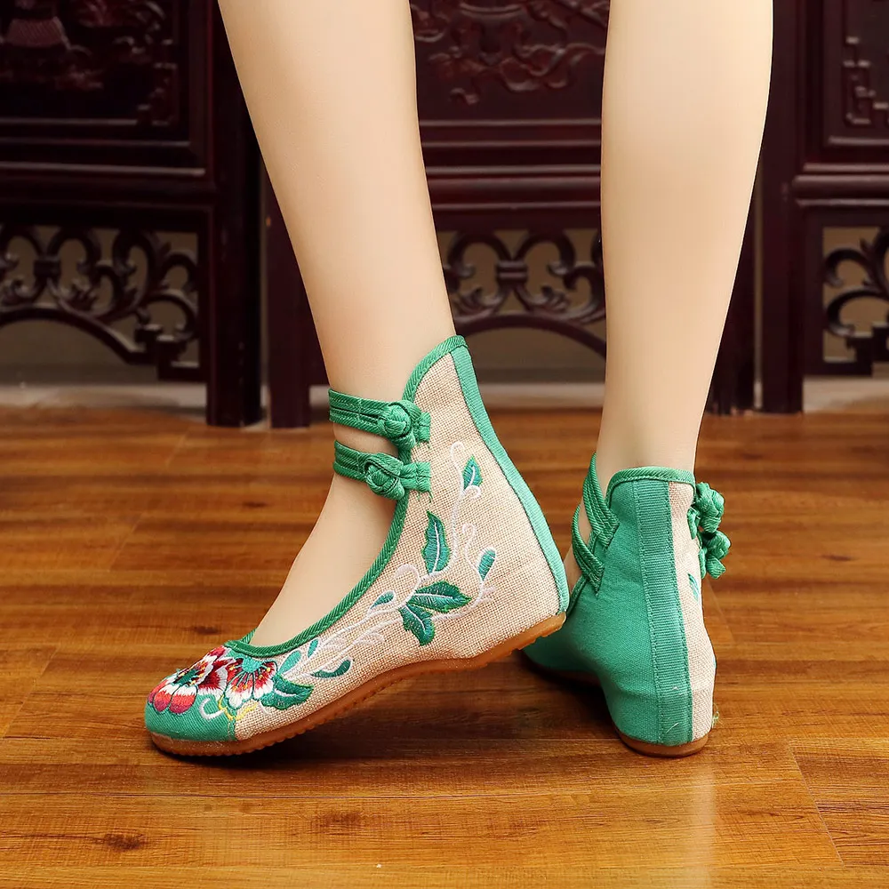 Veowalk Chinese Fashion Women\'s Shoes Old Peking Mary Jane Denim Flats Flower Embroidery Soft Sole Casual Shoes Plus Size 34-43