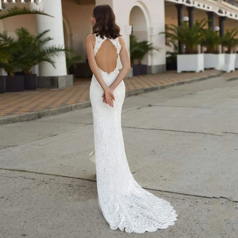 Vestido de novia con apliques de encaje para mujer, traje elegante de sirena con cuello Halter, abertura frontal, espalda descubierta, manga abullonada, 2022