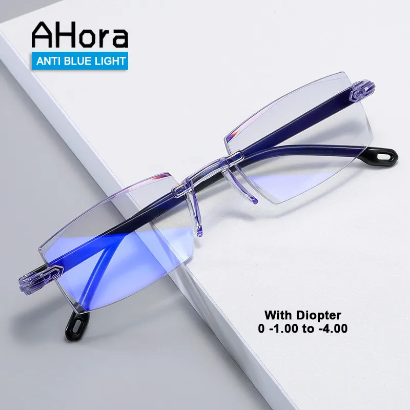 Ahora Rimless Finished Myopia Glasses Frame Anti Blue Light With -1.0 -1.5 -2.0 -2.5 -3.0 -3.5 -4.0 Myopic Spectacles Frames