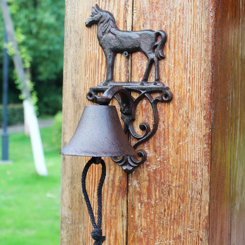 Standing Horse Cast Iron Hand Cranking Bell Farm House Accents Antique Rustic Home Garden Decor Wall Mounted Welcome Door Bell