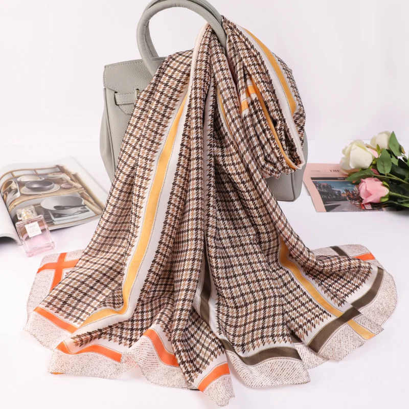 

2021 Summer 180X90CM Silk Scarves Korean Lattice Print Beach Towel Fashion Dustproof Handkerchief Lady Travel Sunscreen Shawls