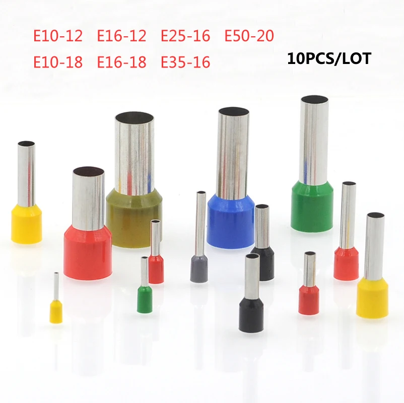 10pcs Tube Insutated Crimp Terminal Electrical Wire Connectors Ferrule E10-12~E50-20 Terminals Connector Cable 8-0AWG 10-50mm2