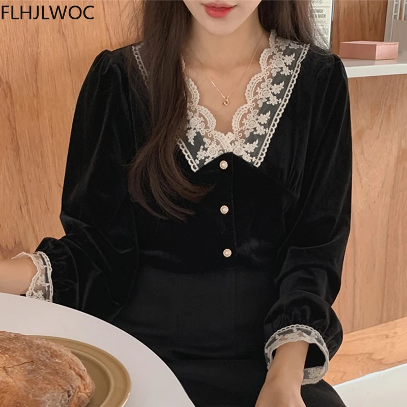 French Style Outerwear Chic Fashion Women Long Sleeve Patchwork Hollow Out White Lace Outside Velvet Short Tops Button Shirts